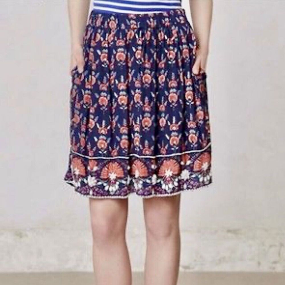Taaj‎ London Women Skirt Medium Blue Floral Beaded Elastic Waist Boho Peasant